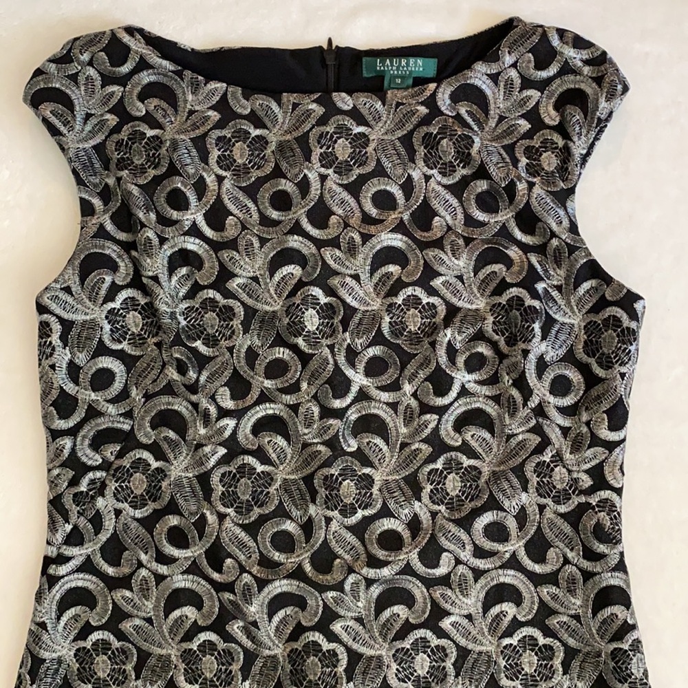 {NWT} Lauren Ralph Lauren | Metallic Embroidered Sheath Dress Black Pewter 12 - Picture 5 of 16